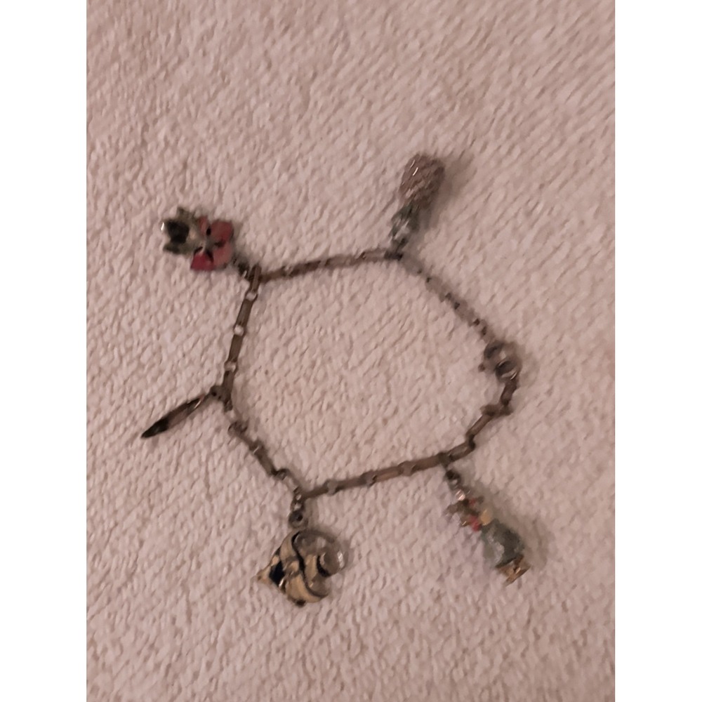 Vintage HAWAIIAN Charm Bracelet Hula Girl Pineapple Flower Canoe Fish 1950s